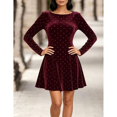 ladies round neck dresses YESFASHION Women Long Sleeve Rhinestone Dot Velvet Fit And Flare Mini Dress,XL,Wine red colorgrp-53306