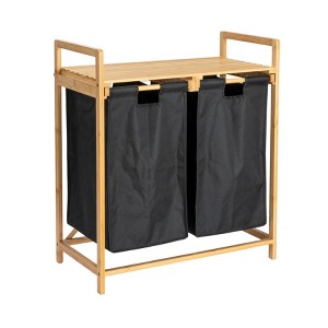 Bamboo Pull Out Double Hamper with Shelf, Natural and Black - 1 of 4