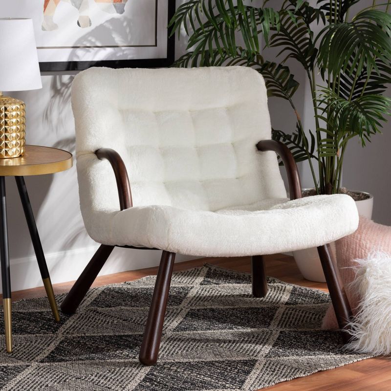 Eisa Faux Shearling Upholstered and Wood Accent Chair White/Walnut Brown - Baxton Studio, 3 of 10