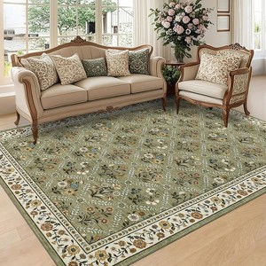 Washable Large Vintage Floral Rug - Water Resistant Non-Slip Low Pile Soft Carpet for Living Room Bedroom Farmhouse Dining Room Kids Playroom - 1 of 4