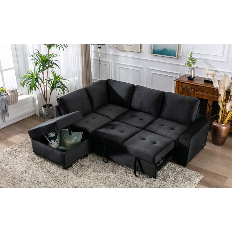 L-Shape Sleeper Sectional Sofa, Sofa Bed with Storage Ottoman & USB Charge-ModernLuxe, 2 of 14