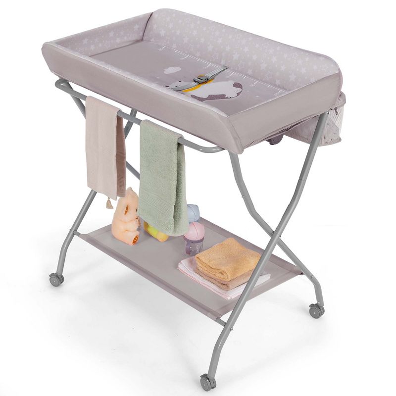 Baby Changing Table Folding Diaper Changing Station w/ Safety Belt & Wheels Pink\Blue\Grey, 1 of 11