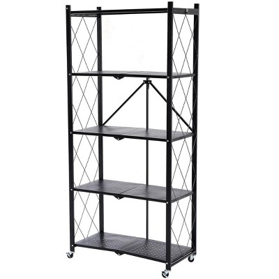 J&V TEXTILES Foldable Storage Shelf with Wheels - Metal Collapsible Shelving Unit Display, Rolling Cart for Books Kitchen Storage Shelves