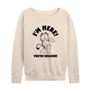 Women's - Garfield - I'm Here You're Welcome Lightweight French Terry Wide Neck Long Sleeve Shirt - 1 of 4
