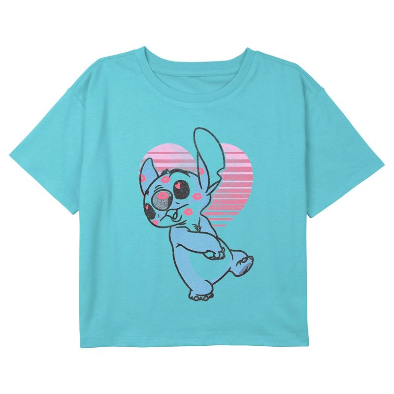 Girl's Lilo & Stitch Kiss Marks Face Crop T-Shirt, 1 of 4