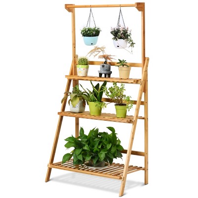 Tangkula 3 Tier Bamboo Hanging Folding Plant Shelf Stand Flower Pot Display Rack Bookcase