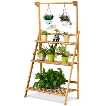 Tangkula 3 Tier Bamboo Hanging Folding Plant Shelf Stand Flower Pot Display Rack Bookcase