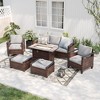 Sonkuki 6 Pieces Patio Sofa with Rectangle Fire Pit Table and Ottomans, Patio Conversation Couch with Cushion - 2 of 4