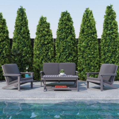 Gray Poly Resin Wood Adirondack Style Patio Loveseat with Cushions