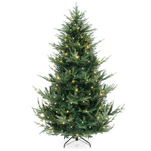 Tangkula 7 FT Pre-Lit Artificial Xmas Tree Hinged Xmas Tree with 1090 PVC PE Branch Tips 340 Warm White LED Lights 8 Lighting Modes & Gloves - 1 of 4