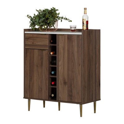 Natural Walnut and Faux Carrara Marble Bar Cabinet