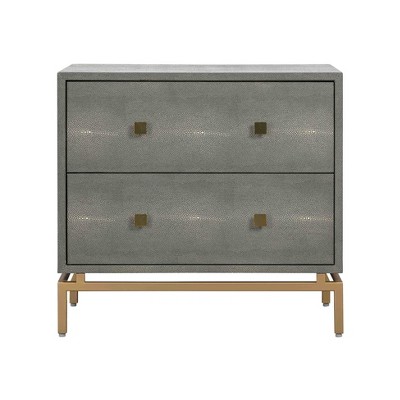 Pesce Modern Gray Shagreen 2-Drawer Nightstand with Brass Accents