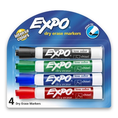 Expo 4pk Dry Erase Markers Chisel Tip Multicolored: Low-Odor Whiteboard Markers, Bold & Fine Point, Erasable, Ages 3+