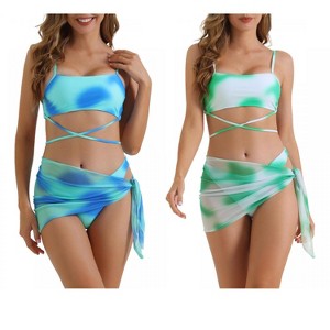 INSPIRE CHIC Women's Adjustable Spaghetti Straps Strappy Triangle Bottoms with Mesh Skirt Bathing Bikini Suit 2 Sets - 1 of 4
