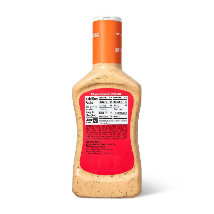 Bottle of chipotle ranch dressing with a red label displaying nutrition facts and ingredients.