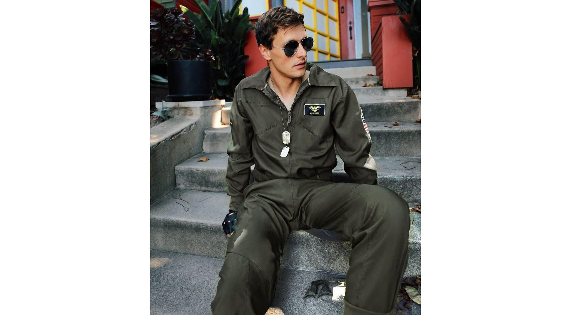 Tipsy Elves Men's Pilot Halloween Costume - Green Military Flight Halloween Jumpsuit For Men