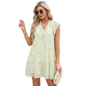 Clearlove Women's Babydoll Mini Dress Summer V Neck Sleeveless Flutter Sleeve Boho Floral Flowy Shift Short Dress. - 1 of 4