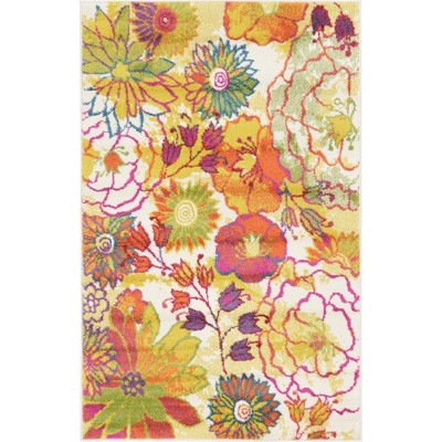 Ivory Floral Easy-Care Synthetic Rectangular Rug