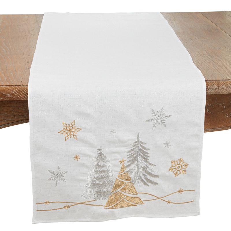 Saro Lifestyle Winter Wonderland Trees and Snowflakes Table Runner, 16"x72", White, 1 of 4