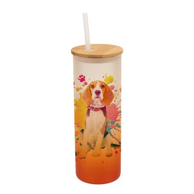 100 North 25 Ounce Frosted Glass Gradient Travel Tumbler With Straw & Wooden Lid, Beagle Hound Dog Paint Splatter Orange