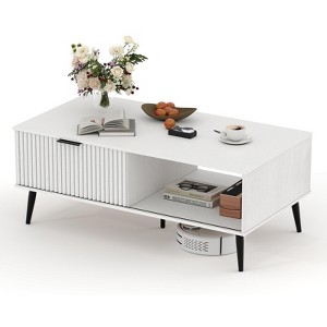 Mid Century Coffee Table with Storage, 2-Tier Wooden Cocktail Table with Sliding Door - 1 of 4