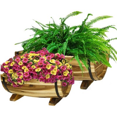 Rustic Acacia Wood Half-Barrel Planters with Metal Bands, Set of 2