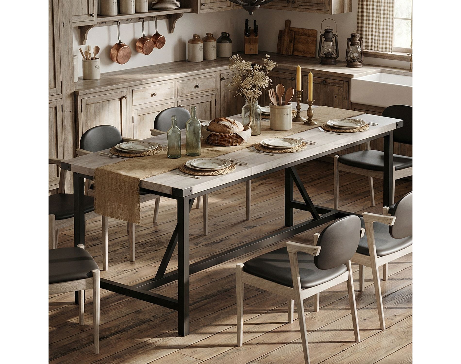 Dining Table for 6-8 with Corner Iron Protectior, 71Inch Rectangular Wood Kitchen Table with H-Heavy Duty Metal Legs, for Dining Room, Rustic Gray