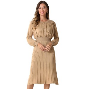 Allegra K Women's Ribbed Crew Neck Pleated Lantern Sleeve Midi Knit A-line Dress - 1 of 4