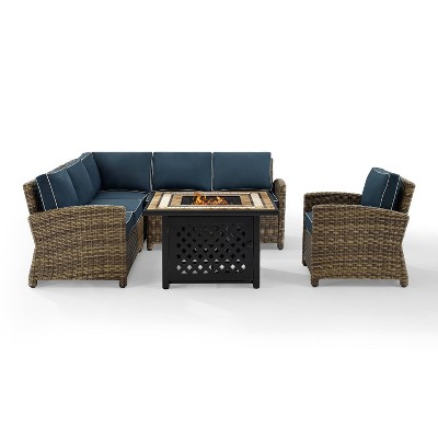 Bradenton 5pc Outdoor Wicker Sectional Set with Arm Chair & Fire Table - Navy - Crosley