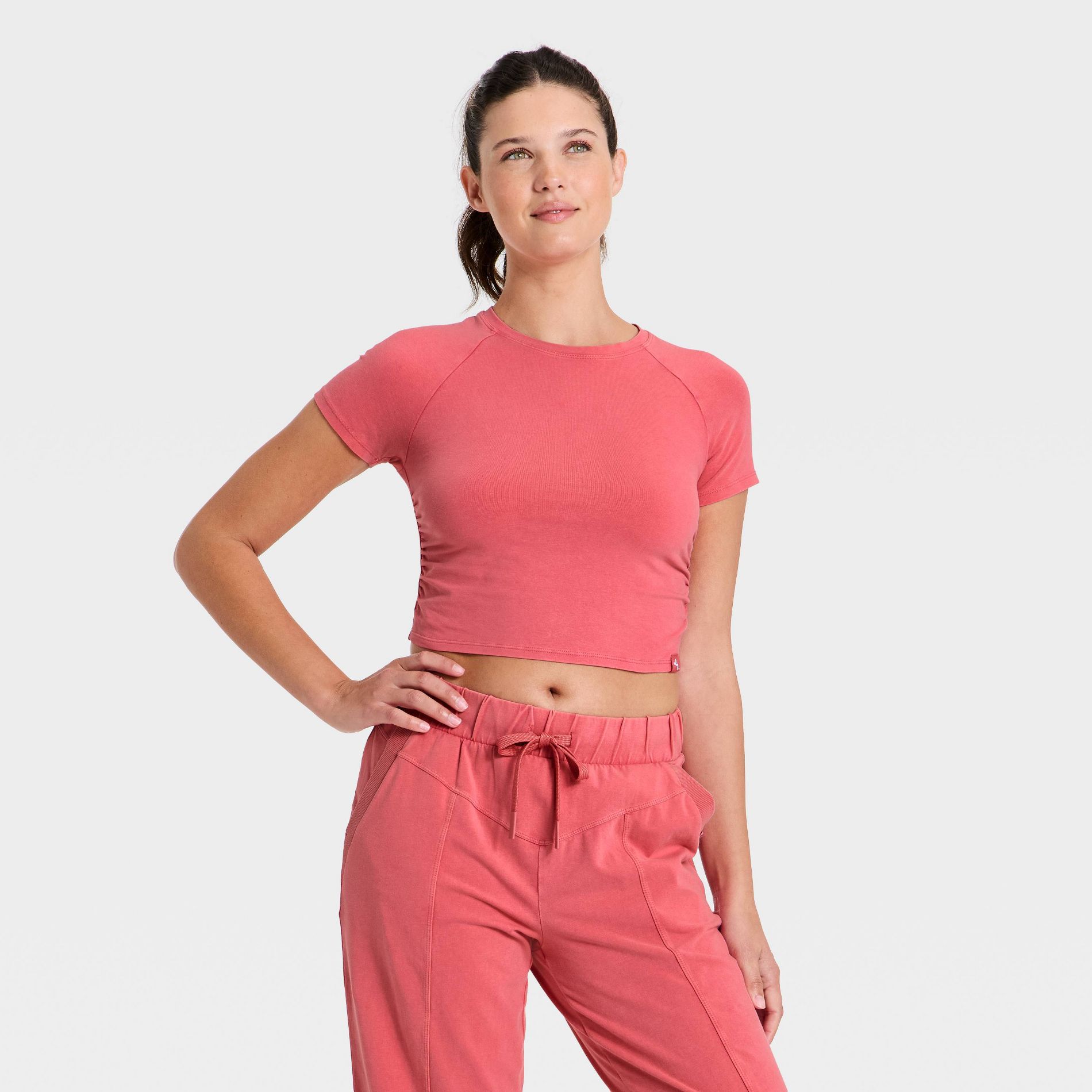 Women's Washed Jersey Cropped Short Sleeve Top - JoyLab™ Rose L