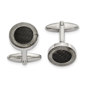 Black Bow Jewelry Stainless Steel & Black Carbon Fiber Textured Round Cuff Links, 16mm - 1 of 3
