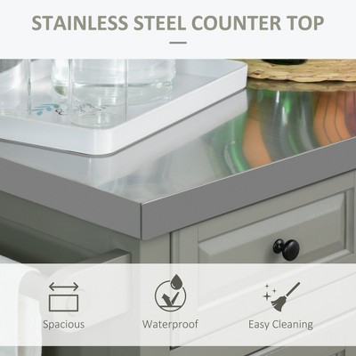 Gray Stainless Steel Top Kitchen Cart with Spice Rack and Storage