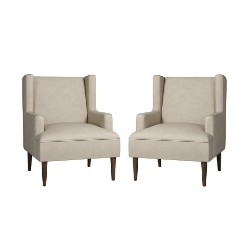 Set of 2 Jeremias Wooden Upholstered Vegan Leather Accent Chair with Built in Sinuous Spring for Bedroom and Living Room ARTFUL LIVING DESIGN BEIGE