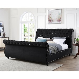 Roundhill Furniture Evora Velvet Upholstered Crystal Button Tufted Sleigh Bed, Black - 1 of 4
