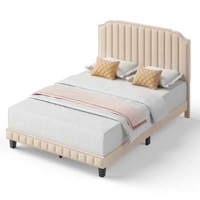 Tangkula Full Upholstered Bed Frame With Linen Fabric Vertical Lines ...