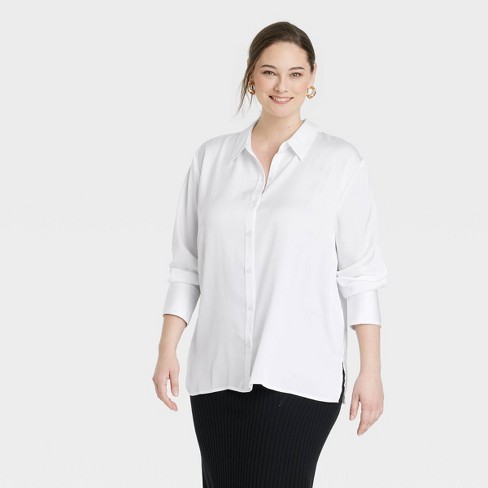 Women's Plus Size Long Sleeve Oversized Satin Button-down Shirt - A New  Day™ White 4x : Target