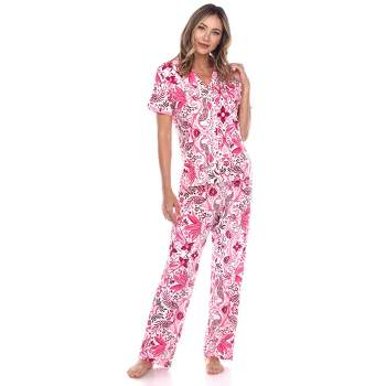 Women's Short Sleeve Top And Pants Pajama Set White/pink Small