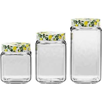 American Atelier Clear Glass Set of 3 Jars, Lemon Design on Airtight Lid, Food Storage Containers, 45, 63, and 74-Ounce Capacity, Dishwasher Safe