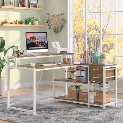 GDFStudio Riley Modern L-Shaped Office Desk with Monitor Riser, Drawers, and Storage Shelves