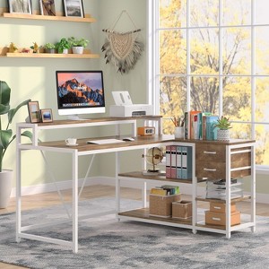 GDFStudio Riley Modern L-Shaped Office Desk with Monitor Riser, Drawers, and Storage Shelves - 1 of 4