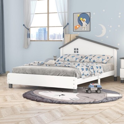 Full Size Wood Platform Bed With House-shaped Headboard Easy Assembly Platform Bed Frames Mattress Foundation