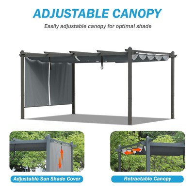 Gray Aluminum Patio Pergola with Adjustable Canopy and Sun Shade