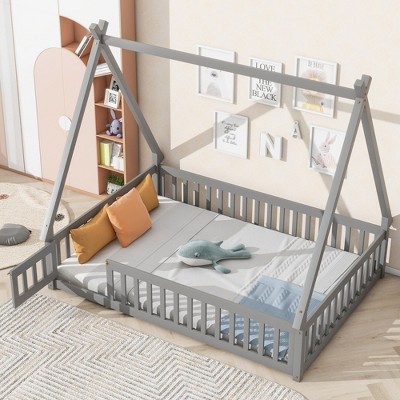 CAVINAS Full Size Wood Montessori Bed with Safety Guardrails,Modern Tent-Shaped Floor Bed with Slats Bed and Door,Toddler Bed for Bedroom