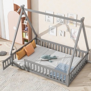 CAVINAS Full Size Wood Montessori Bed with Safety Guardrails,Modern Tent-Shaped Floor Bed with Slats Bed and Door,Toddler Bed for Bedroom - 1 of 4