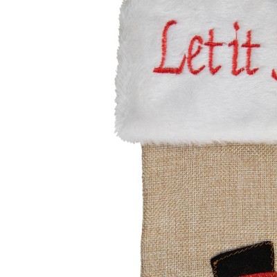 19" Beige and Red Burlap Snowman Christmas Stocking with Embroidery