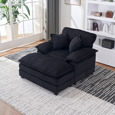Grungis Comfy Corduroy Single Sofa with 2 Toss Pillows and Ottoman, Sofa- Deep Seat Couch for Living Room