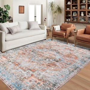 Acekool 8x10 Vintage Medallion Area Rug, Machine Washable Distressed Blue/Brown Non-Slip Stain Resistant Carpet for Living Room, Bedroom - 1 of 4
