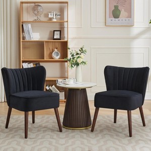 Velvet Accent Chairs Set of 2 - Wingback Mid-Century Modern with Wood Legs for Living/Dining Room, Black - 1 of 4