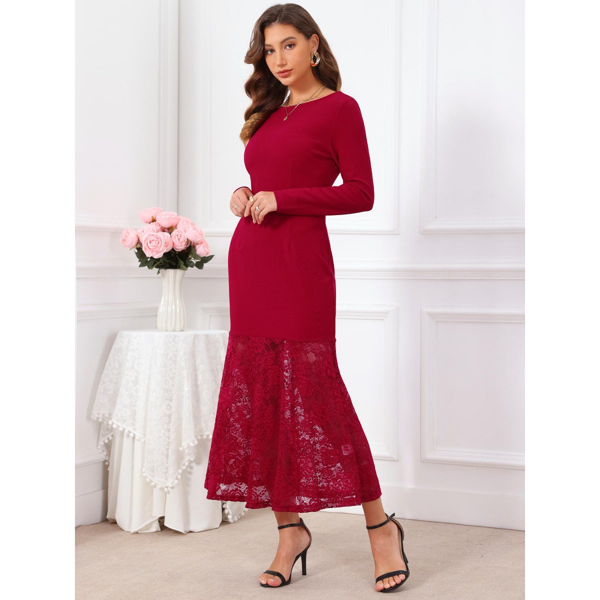 Женские платья INSPIRE CHIC Women's Lace Formal Fishtail Boat Neck Long Sleeve Wedding Guest Evening Dress Large Burgundy — фото 2