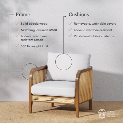 Twila Bohemian White Cushioned Patio Chair with Acacia Wood Frame